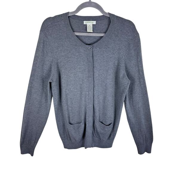 Orvis Gray Wool Cotton Cashmere Lightweight Snap Up Cardigan Sweater Size M - Picture 1 of 6
